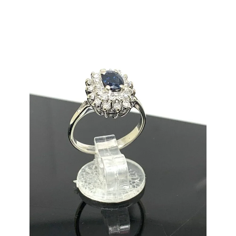 Blue Gemstone Diamond Cocktail Ring 14k White Gold Estate Women's Size 4.75